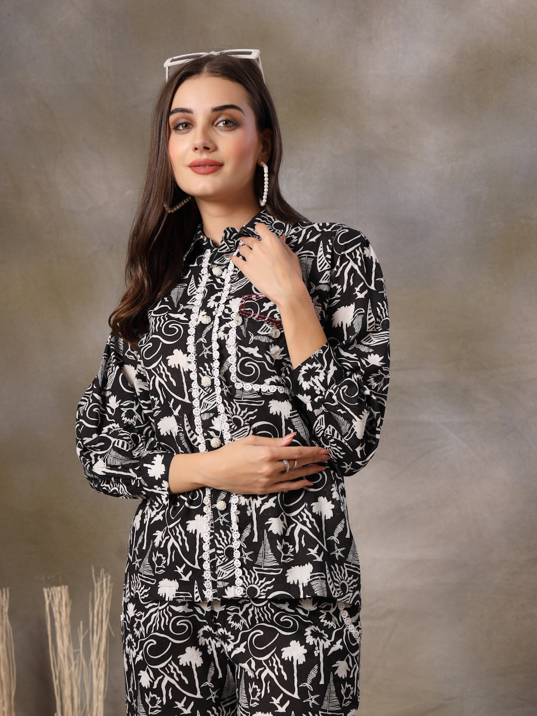 Women's Black Abstarct Printed Cotton Co-Ord Set