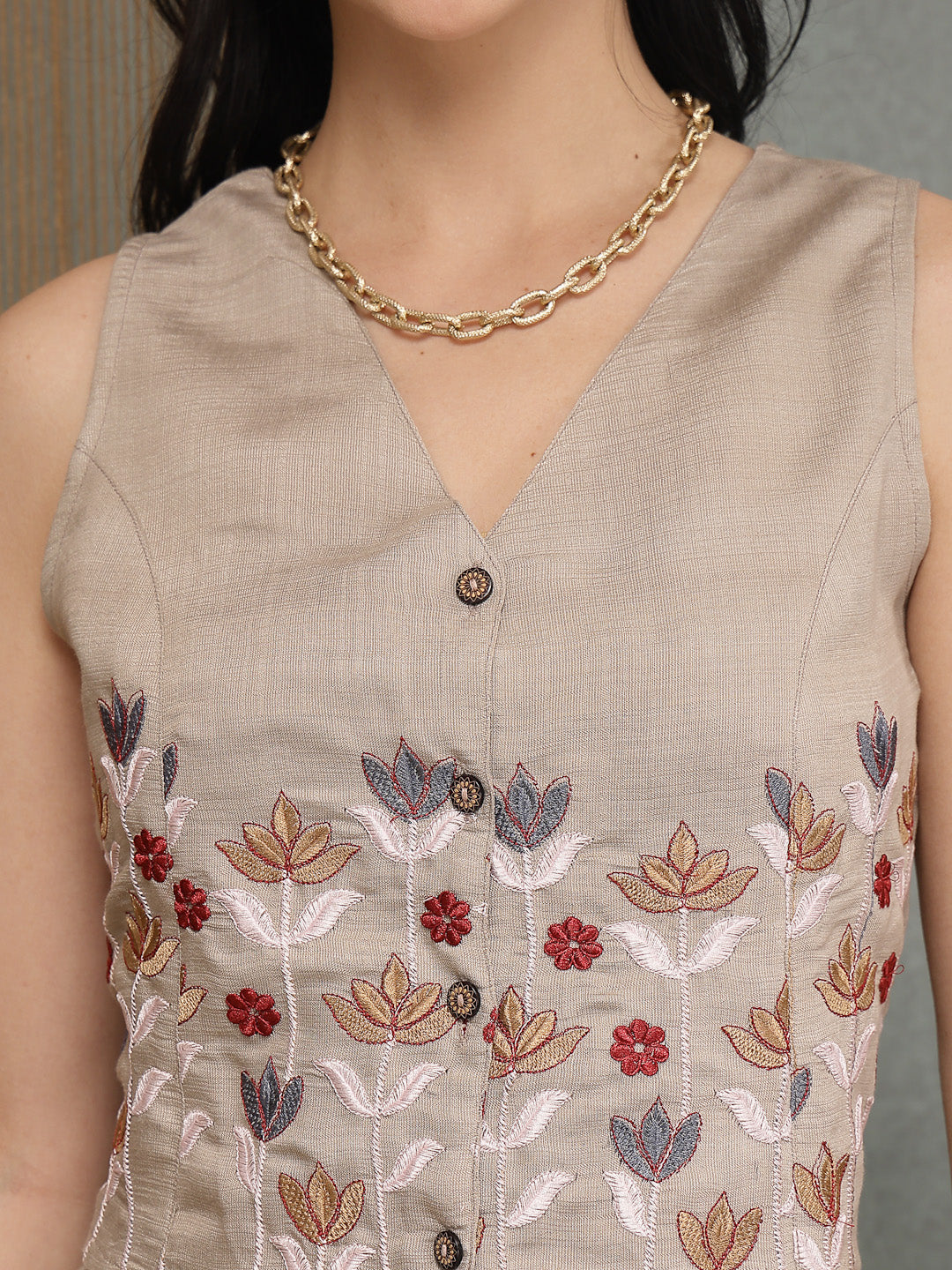 Women's Grey Solid & Embroidered Vertical Co-Ord Set