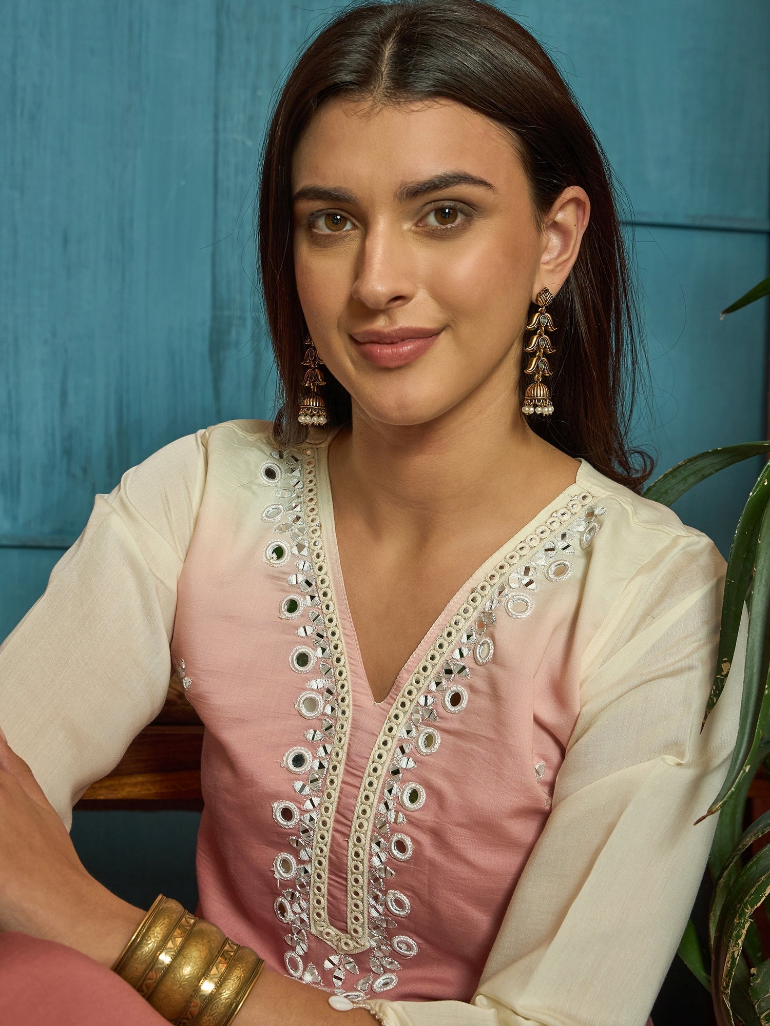 Women's Pink Solid & Mirror Work Silk Blend Co-Ords Set