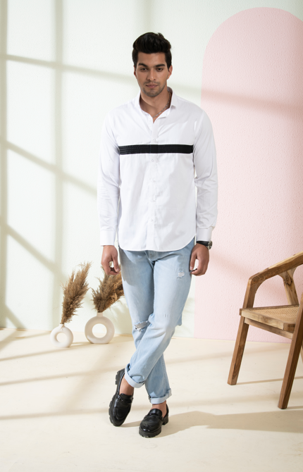Men's White Color Contrast Full Sleeves Shirt