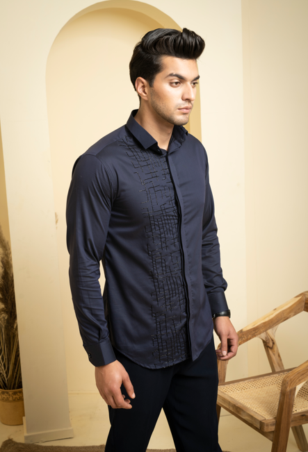Men's Navy Blue Color Diam Full Sleeves Shirt
