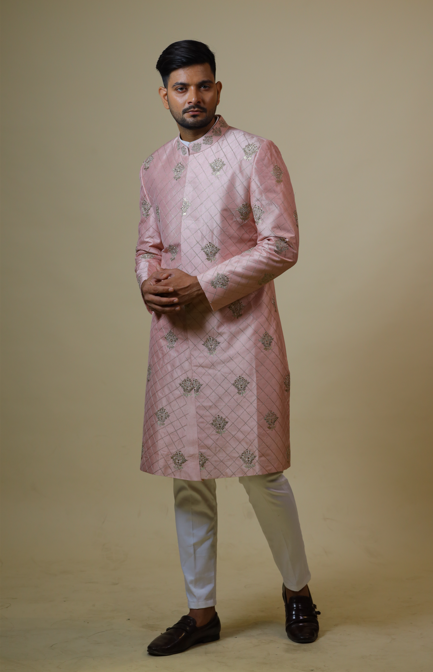 Men's Light Coral Embroidered Designer Sherwani