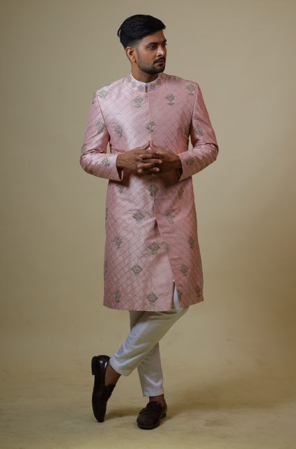 Men's Light Coral Embroidered Designer Sherwani