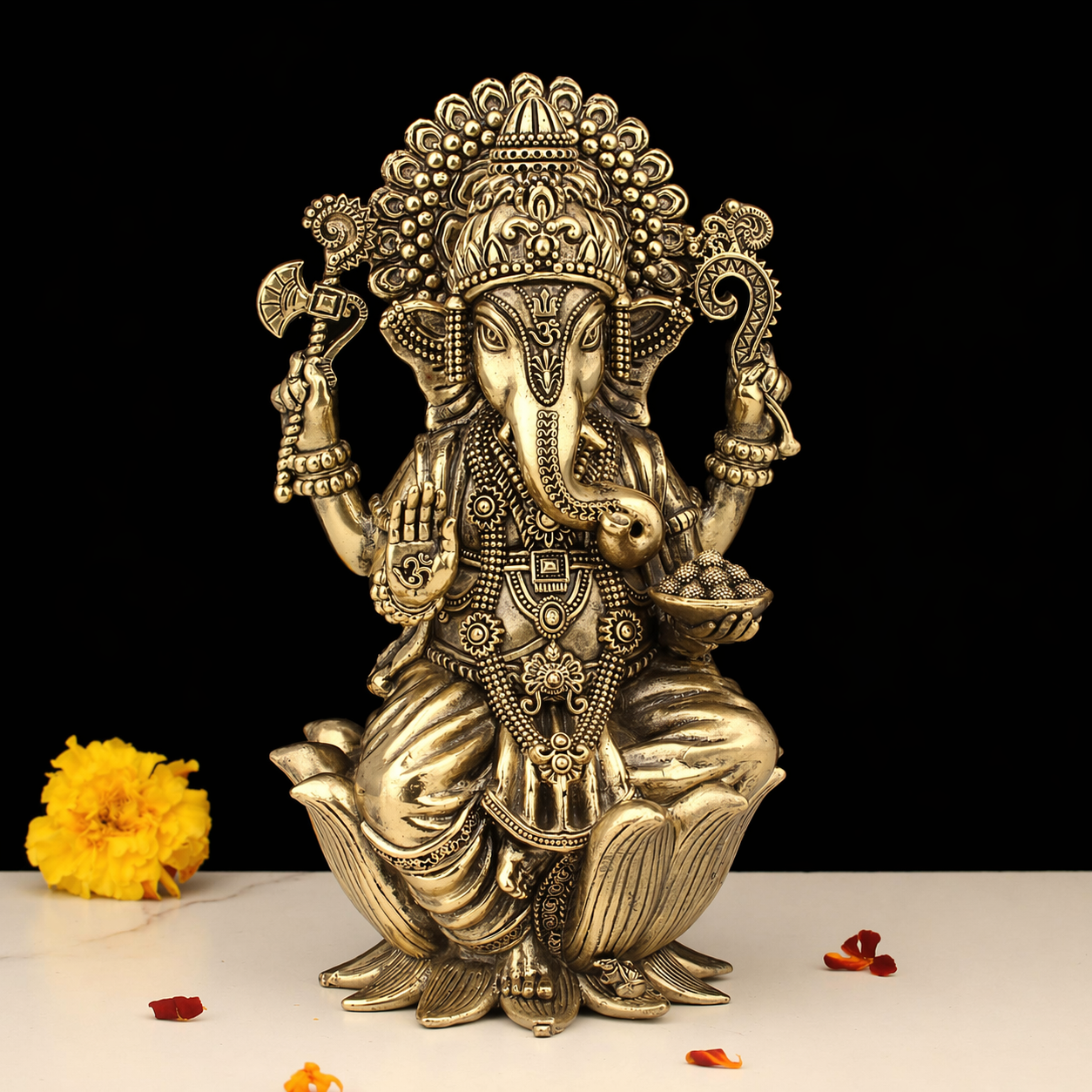 6" BRASS GANESH SITTING ON KAMAL BRP-2