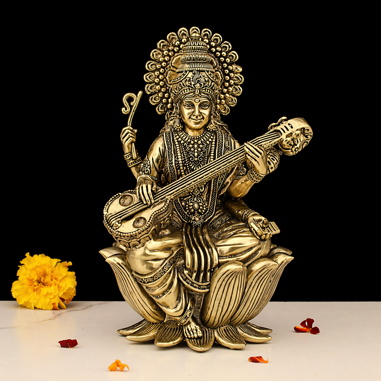 6" BRASS SARASWATI SITTING ON KAMAL