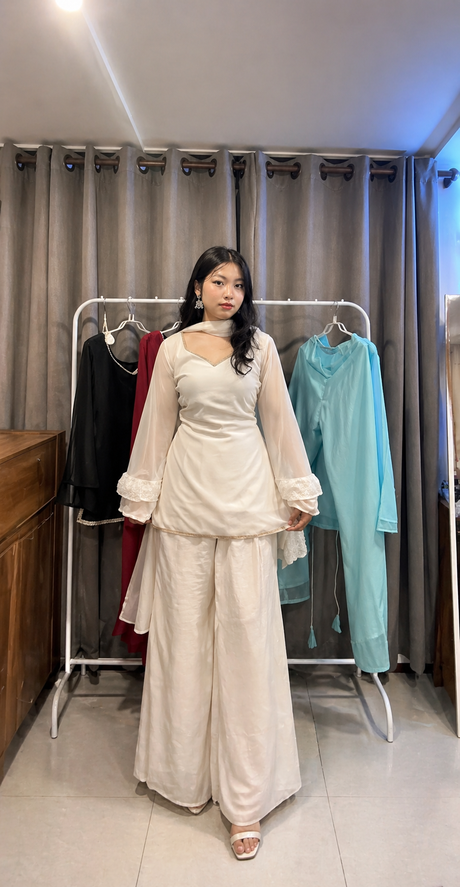 Women's Off White Kurta Set with Palazzo & Sheer Sleeves With Dupatta