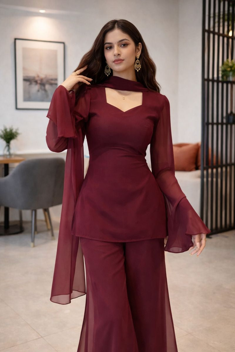 Women's Wine Georgette Kurti Set with Palazzo & Sheer Dupatta