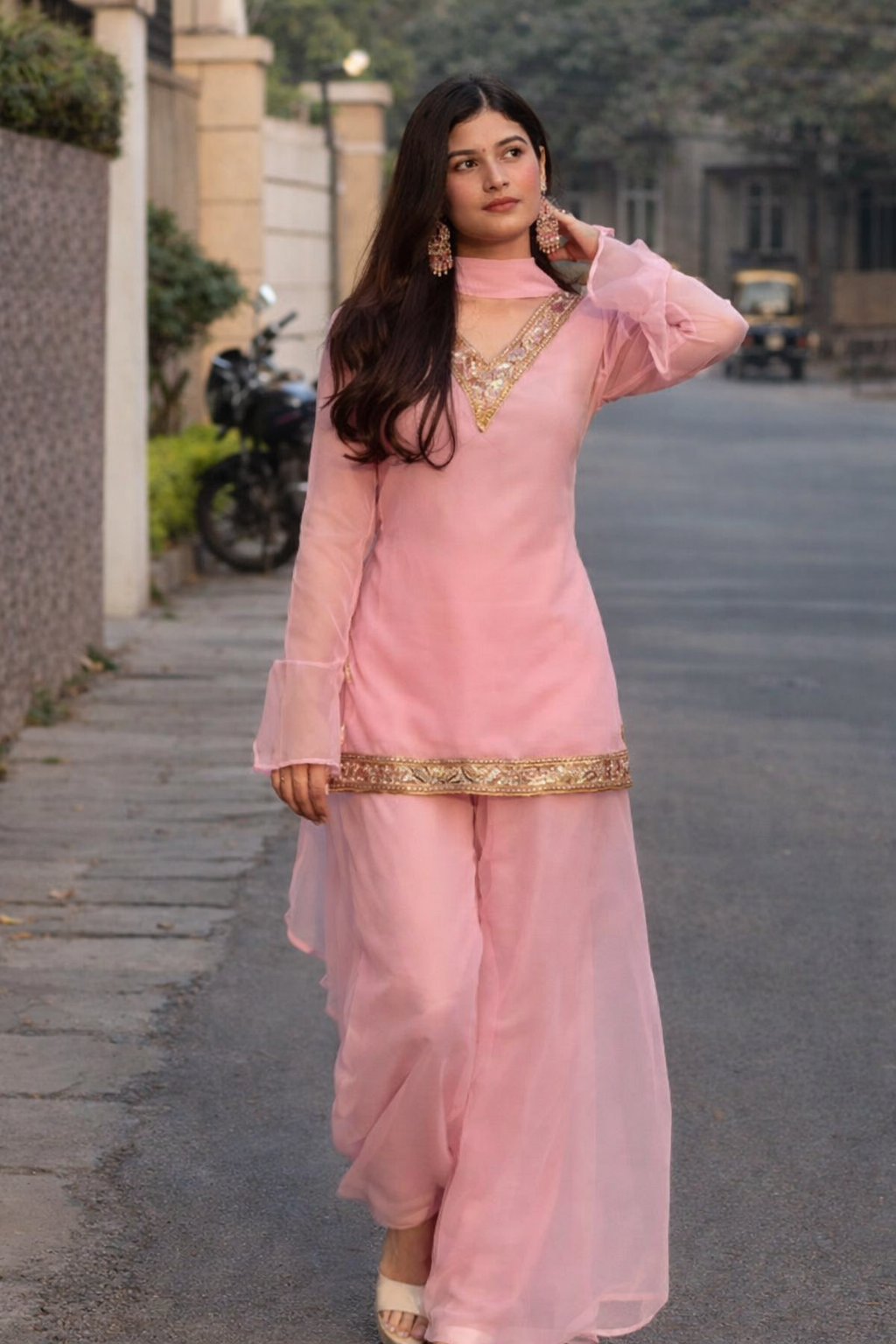 Women's Baby Pink Georgette Kurta Set with Palazzo & Dupatta – Gold Embroidered Border