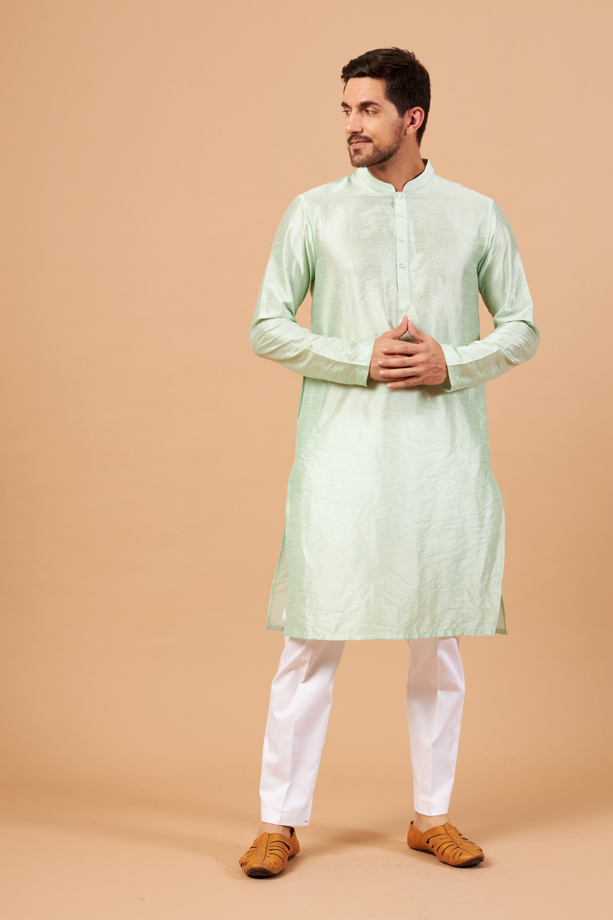 Men's Pastel Green Plain Kurta With Crop Pants