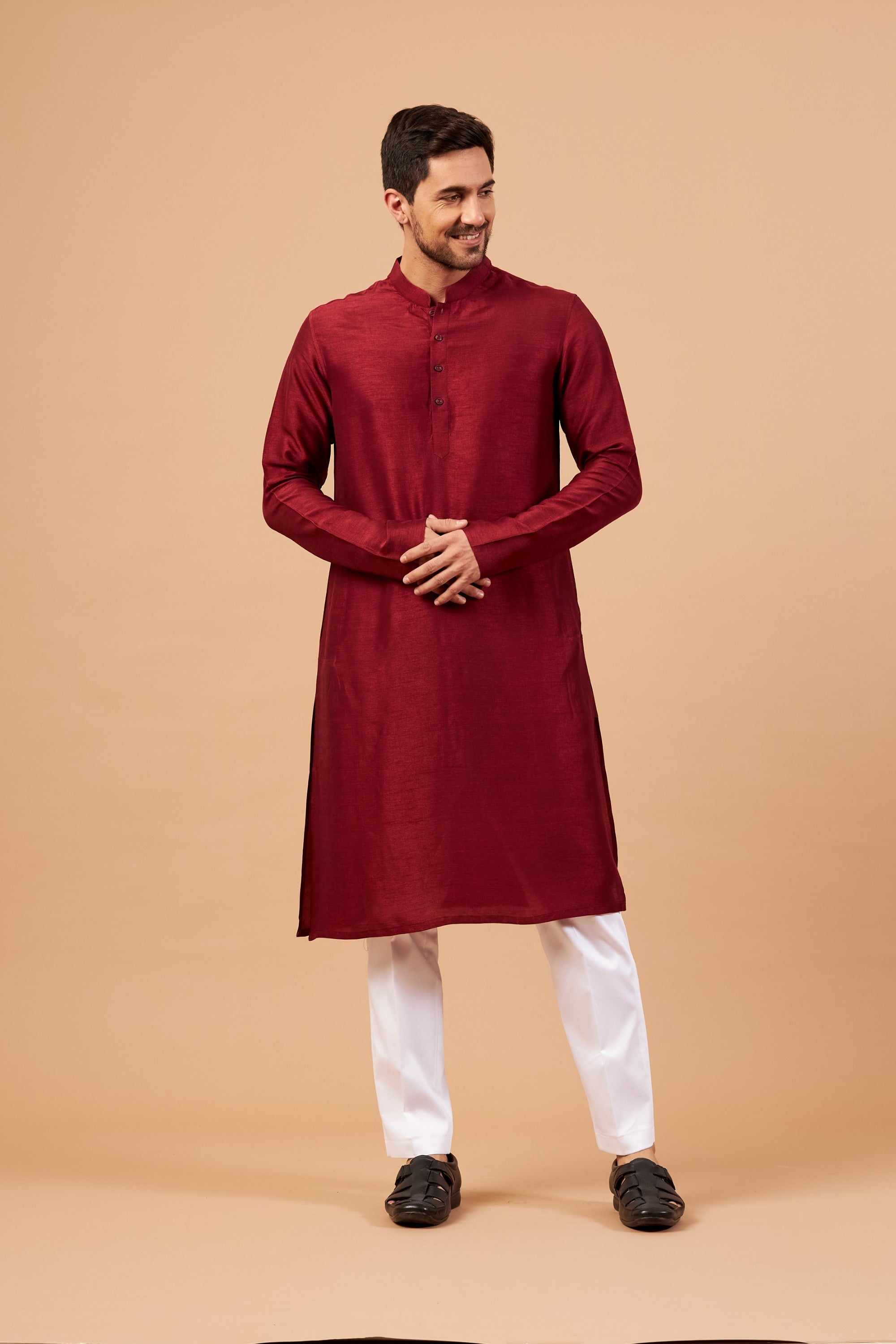 Men's Maroon Plain Kurta With Crop Pants