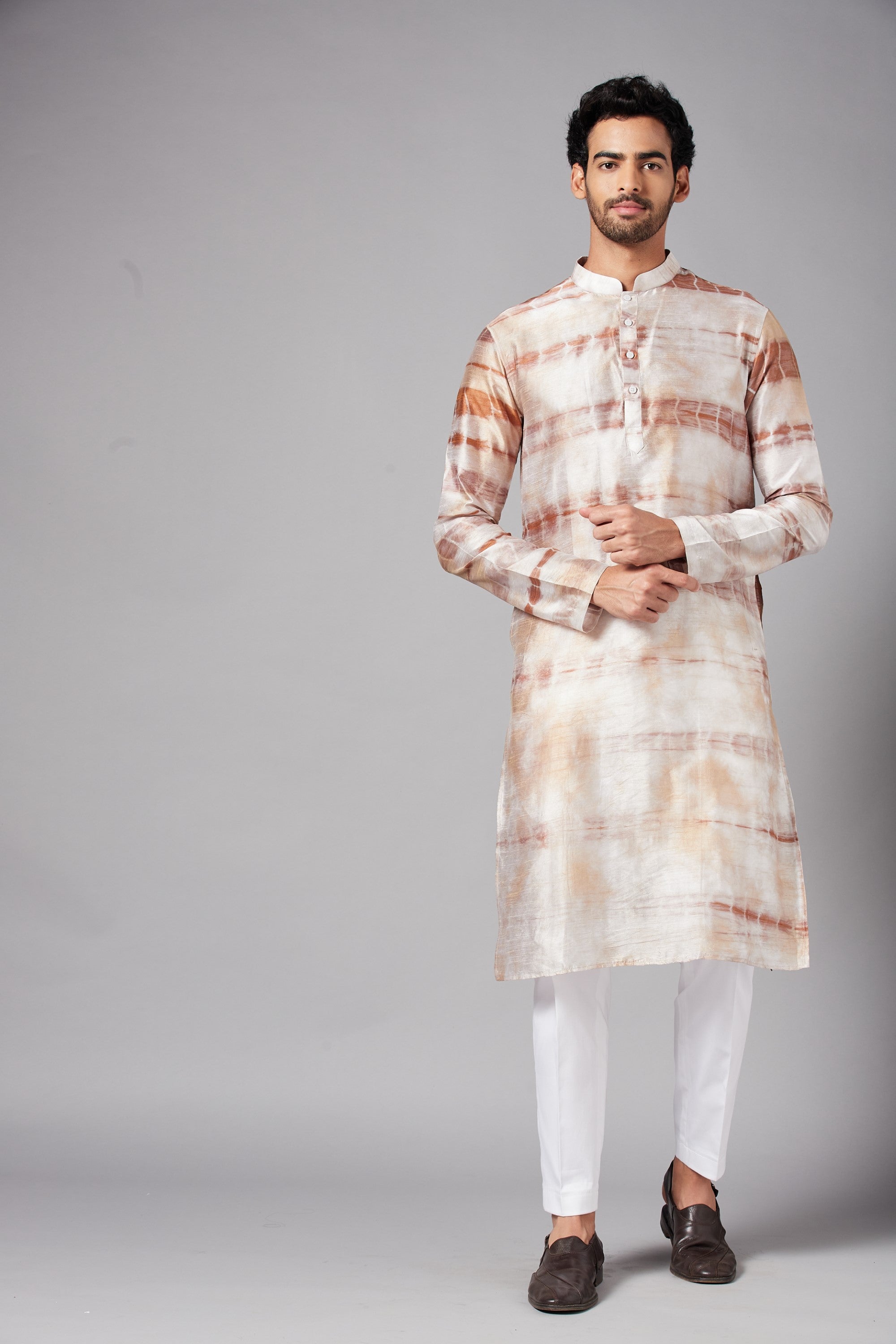 Men's Browtin Brown Tie & Die Kurta With Crop Pants