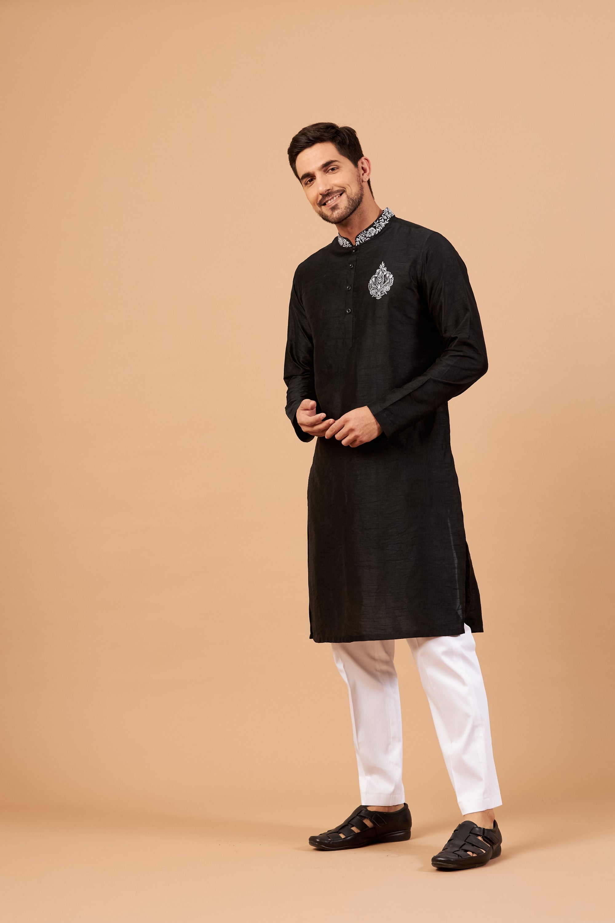 Men's Amyr Traditional Embroidered Black Kurta With Crop Pants