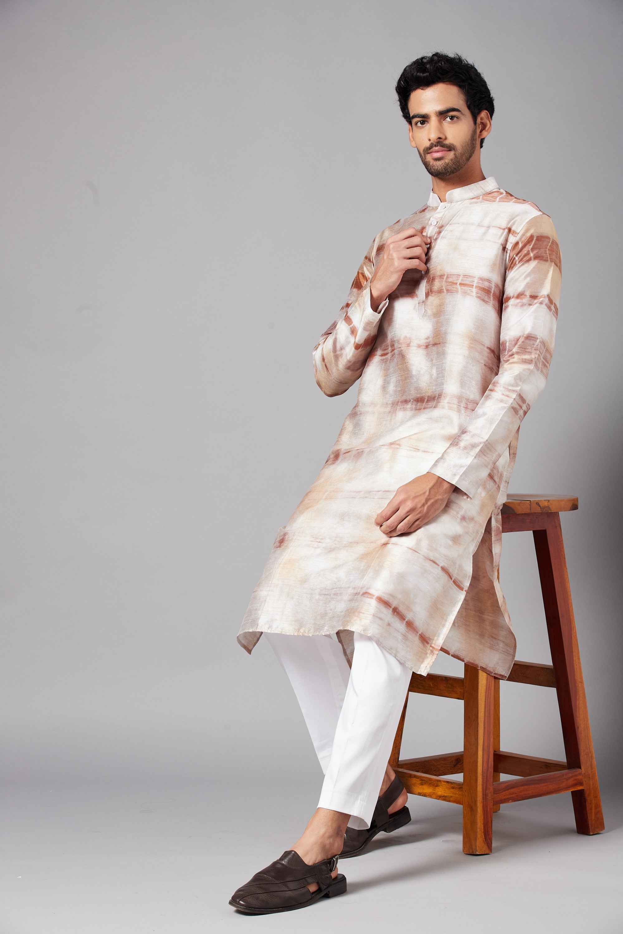 Men's Browtin Brown Tie & Die Kurta With Crop Pants