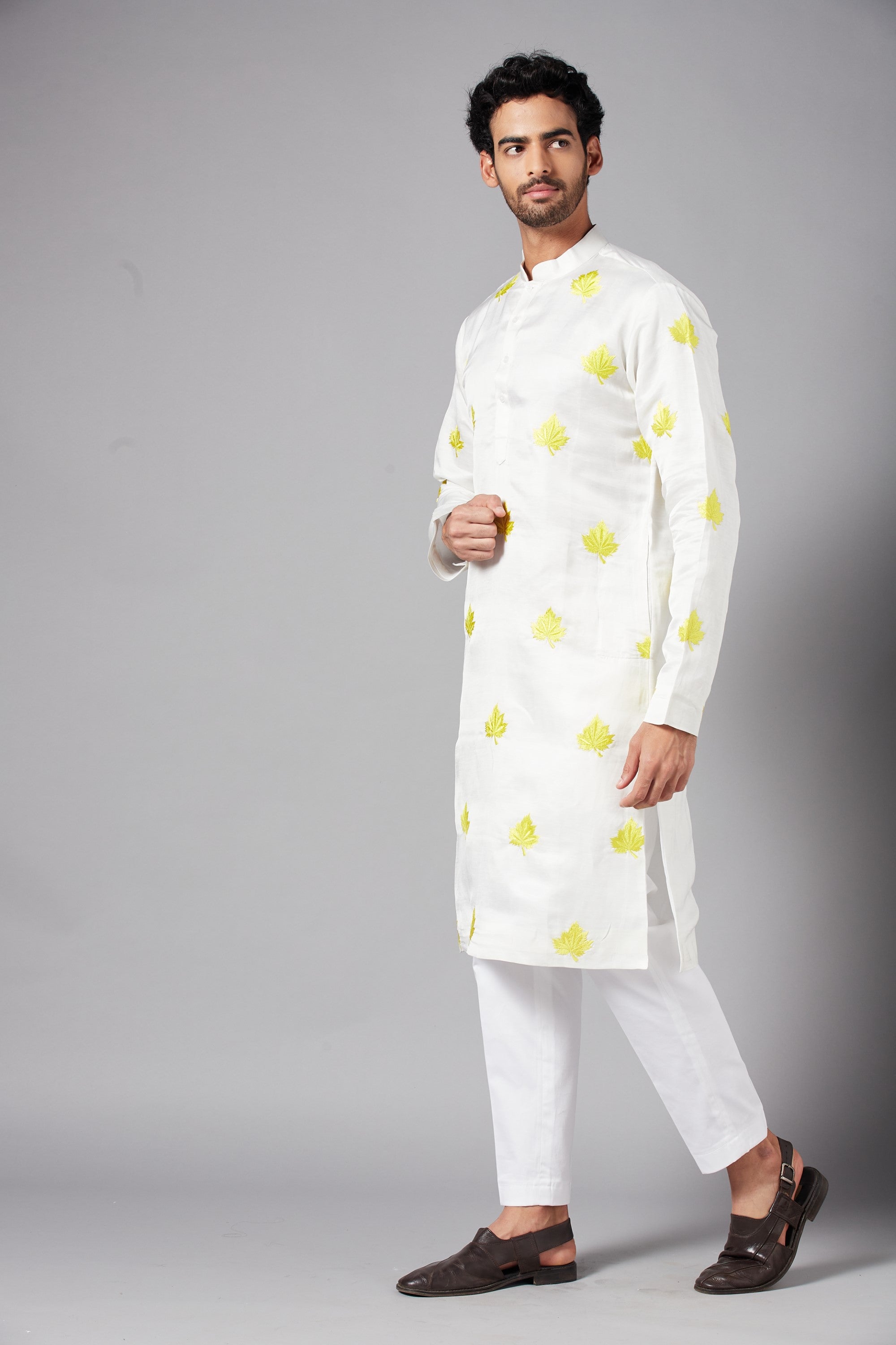 Men's Mogra Yellow Leaf Embroidered Kurta With Crop Pants