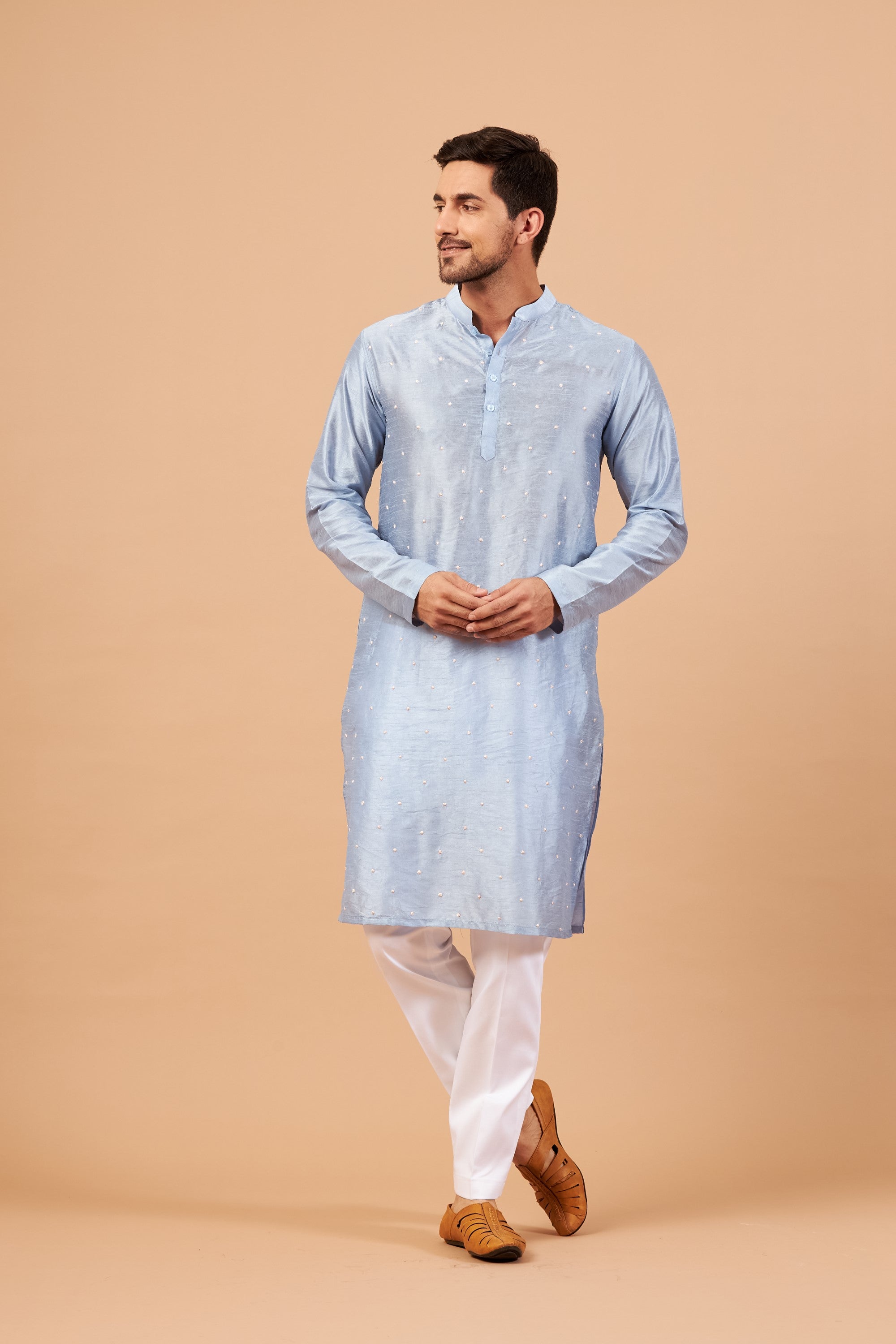 Men's Viva Dot Embroidered Sky Blue Kurta With Crop Pants