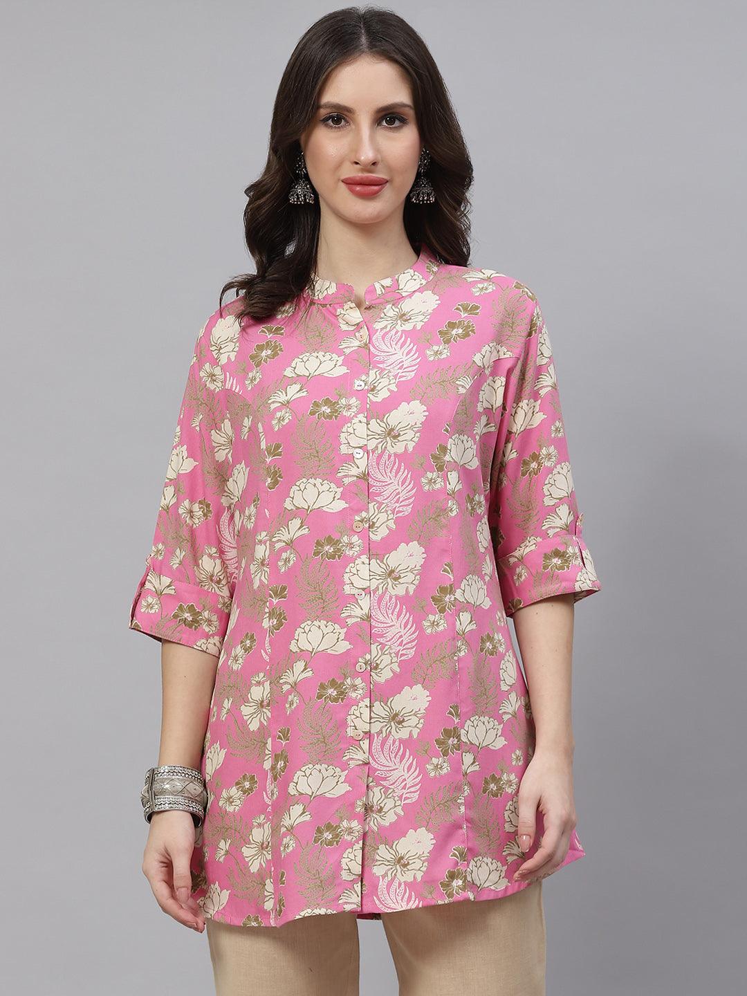 Women's Light Pink Floral Rayon A-line Top