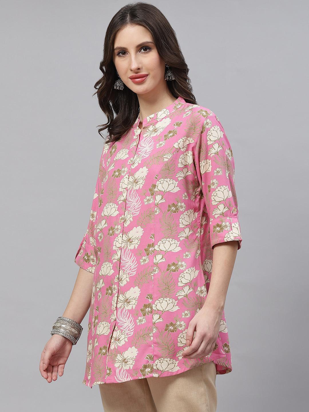 Women's Light Pink Floral Rayon A-line Top