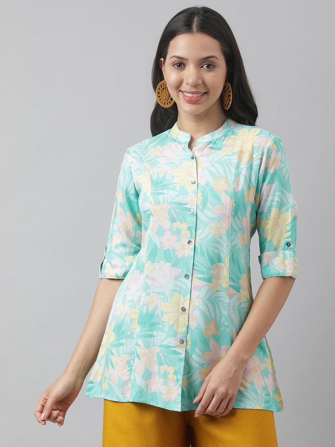 Women's Sea Green Floral Printed Rayon A-line Shirt Style Top