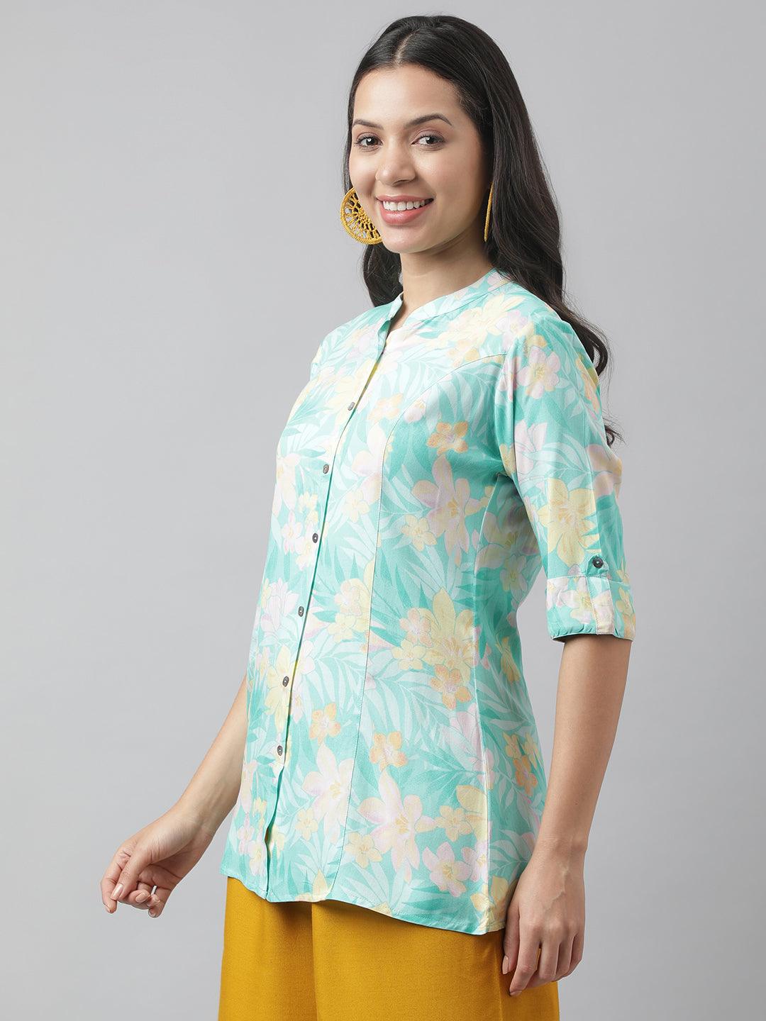 Women's Sea Green Floral Printed Rayon A-line Shirt Style Top