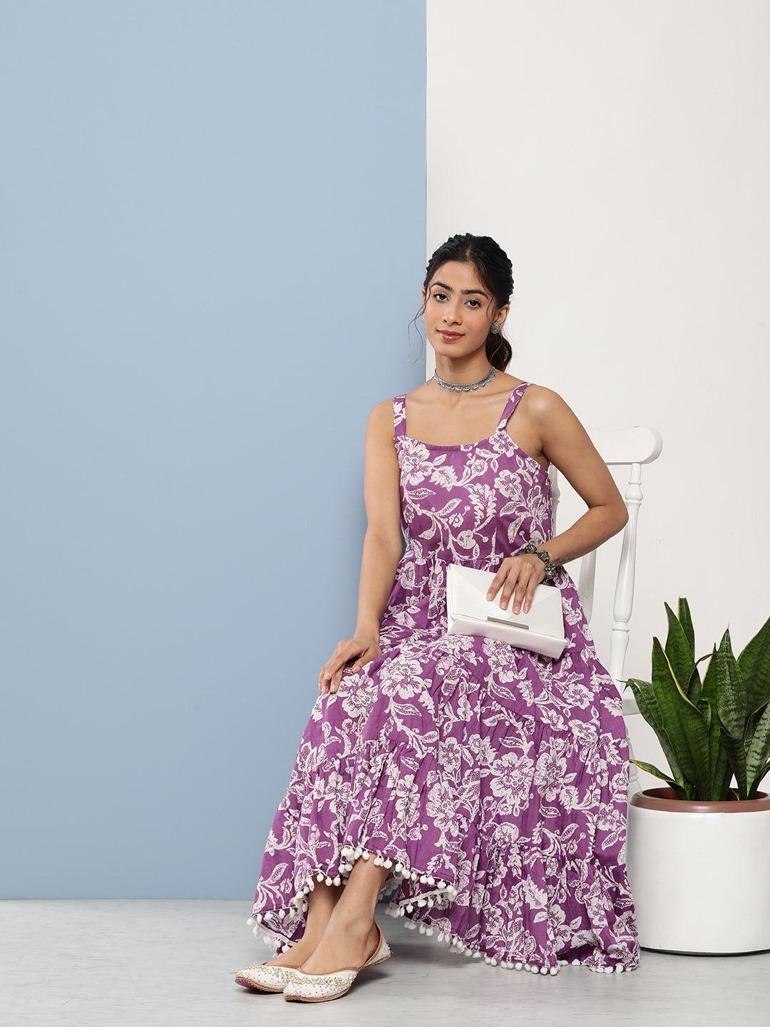 Women's Purple Floral Shoulder Strip Long Dress