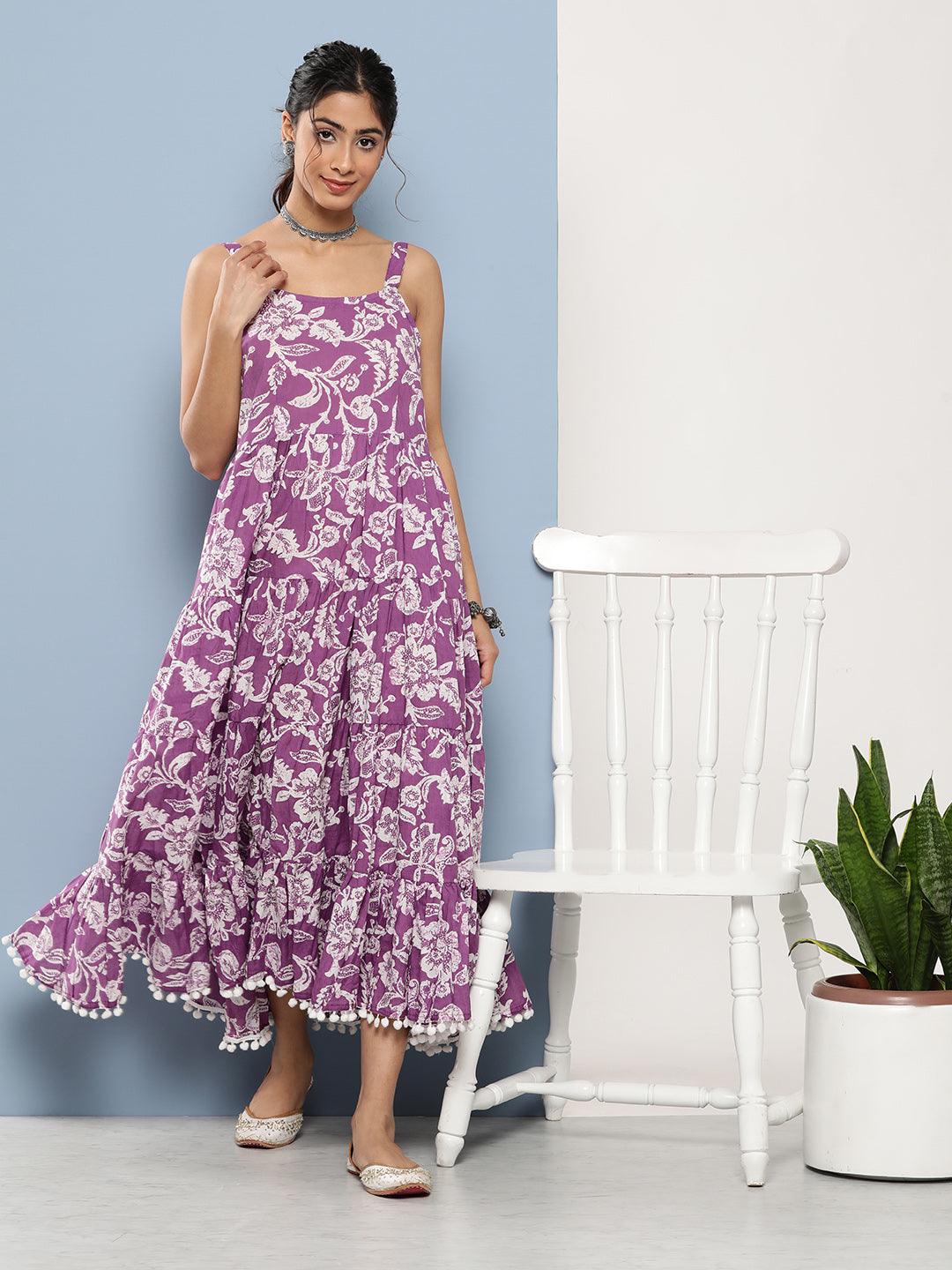 Women's Purple Floral Shoulder Strip Long Dress
