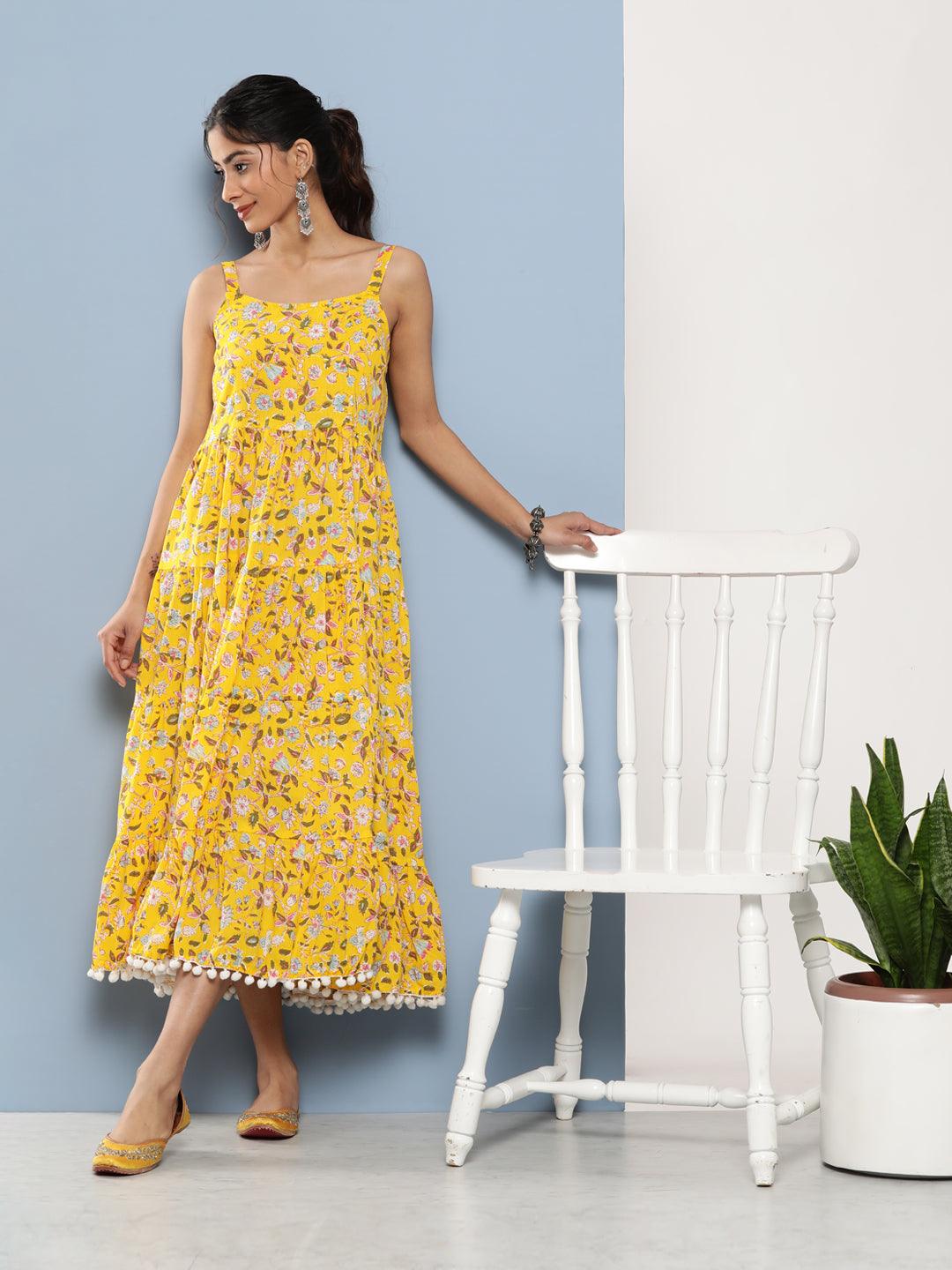 Women's Yellow Floral Shoulder Strip Long Dress