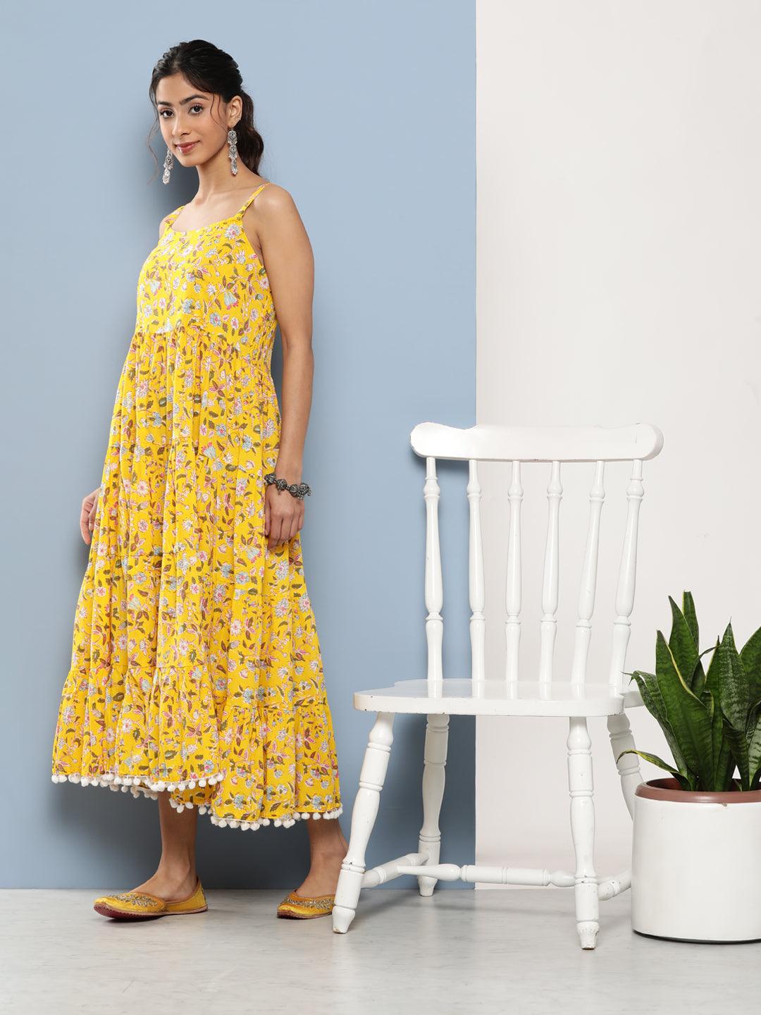 Women's Yellow Floral Shoulder Strip Long Dress