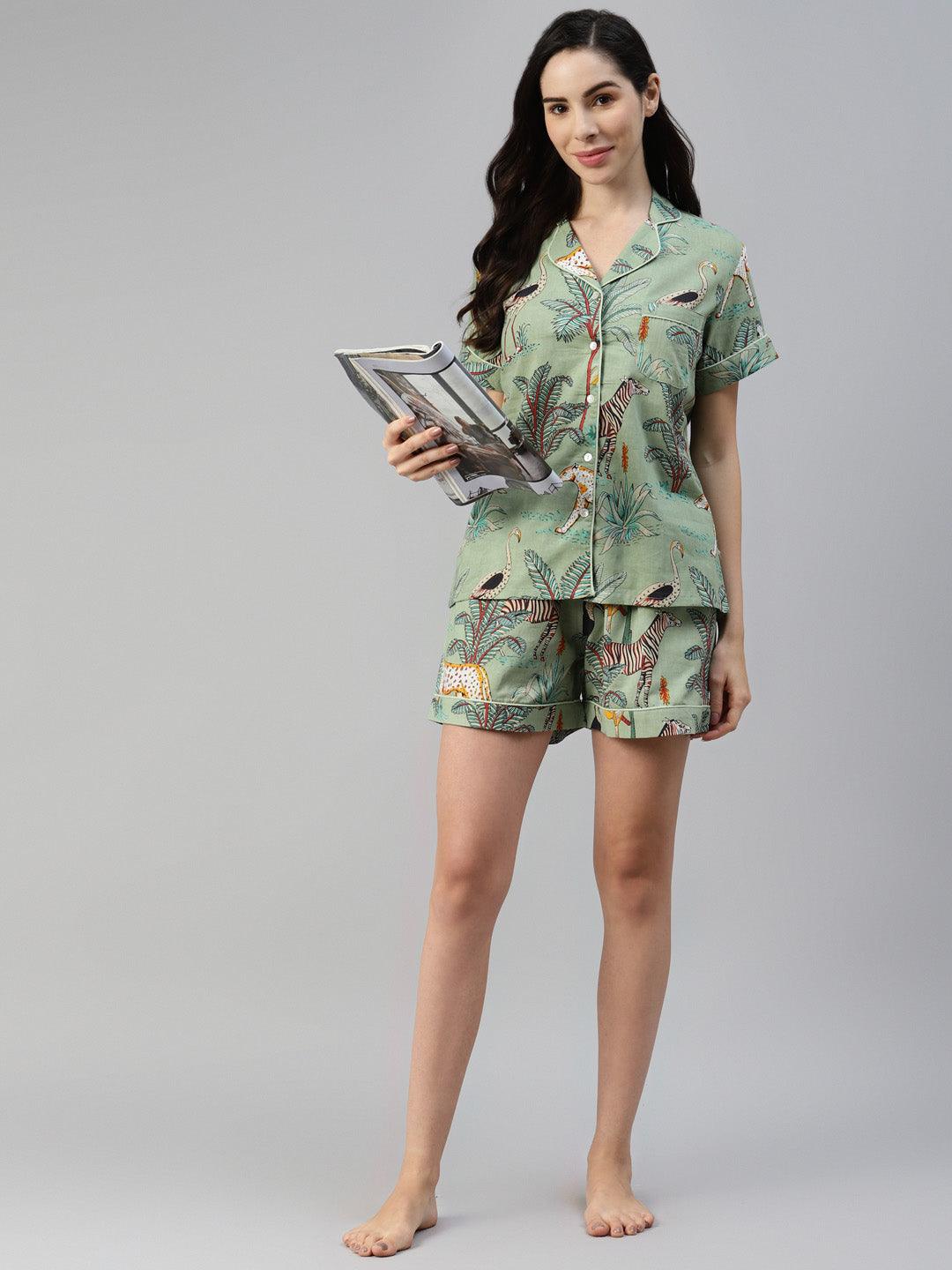 Women's Sea Green Cotton Animal Print Night Suit