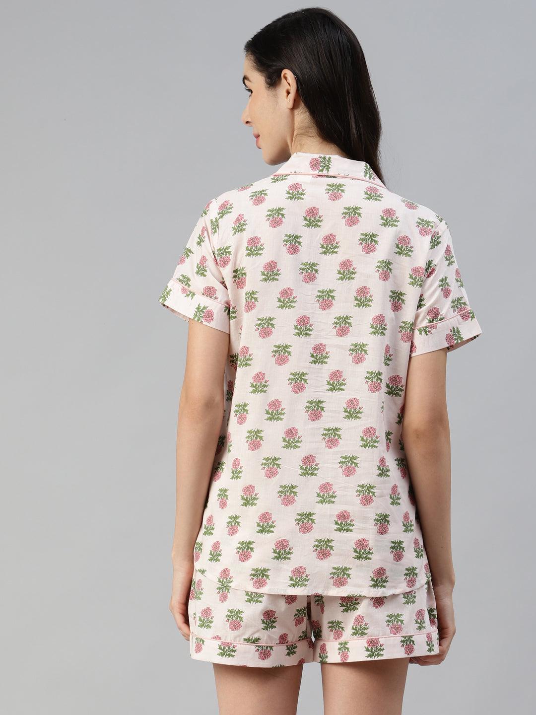 Women's Baby pink Cotton Floral Print Night Suit