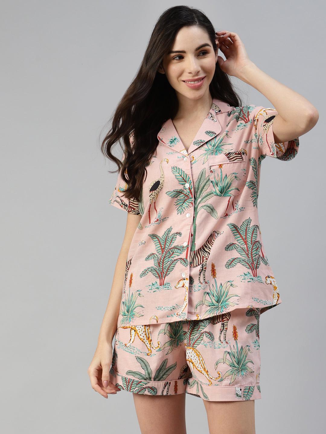 Women's Pink Cotton Floral Print Night Suit