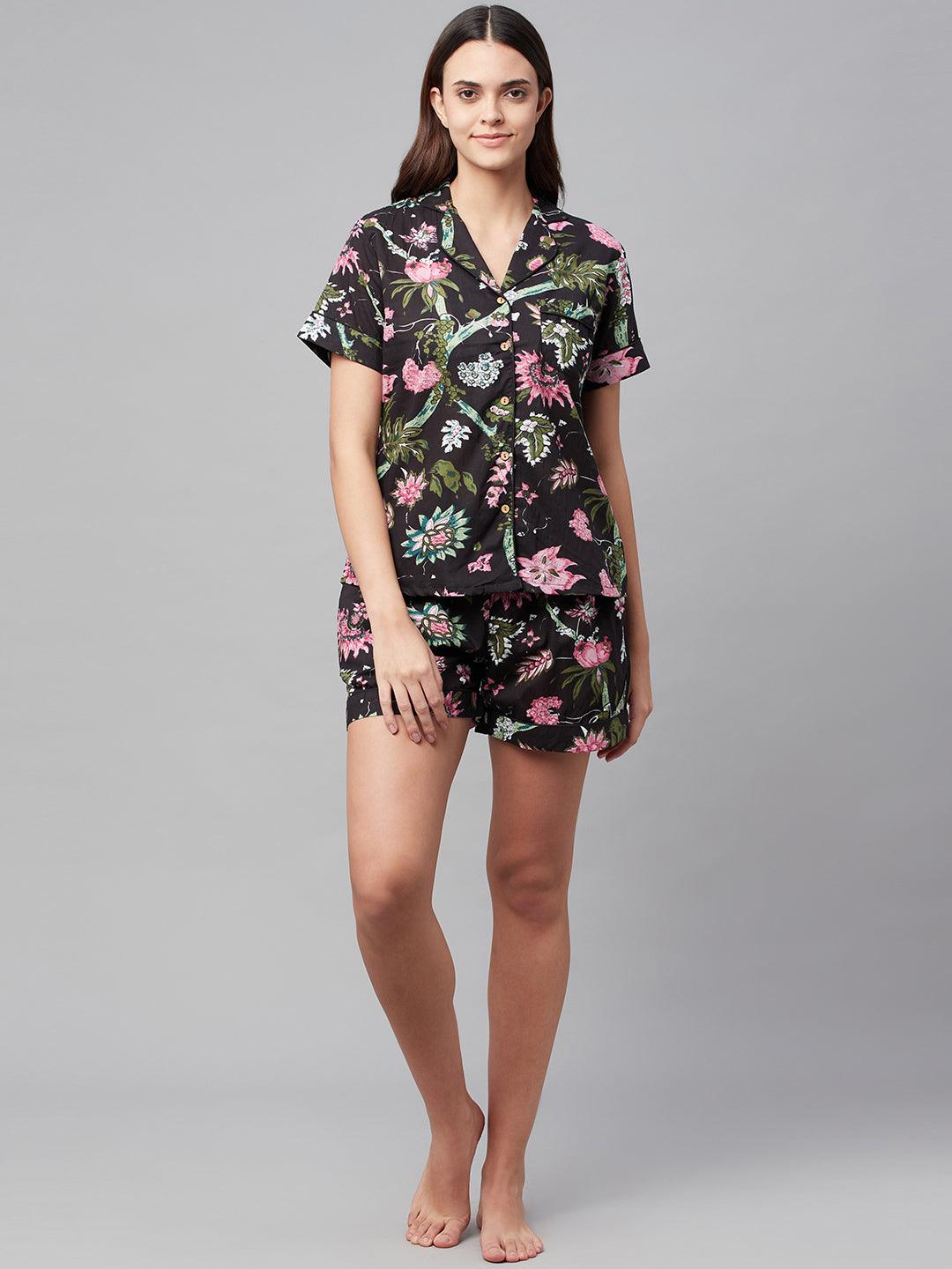 Women's Black Cotton Floral Print Night Suit