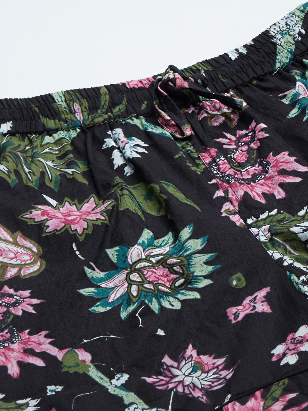 Women's Black Cotton Floral Print Night Suit