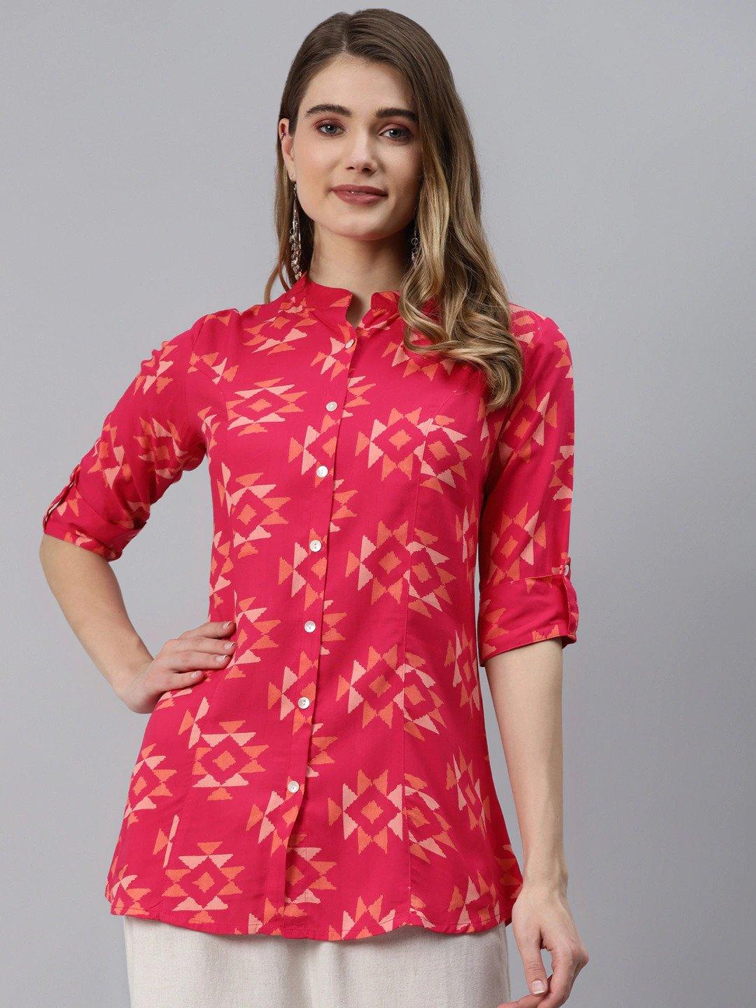 Women's Pink Geometric Print Rayon Shirt Style Top