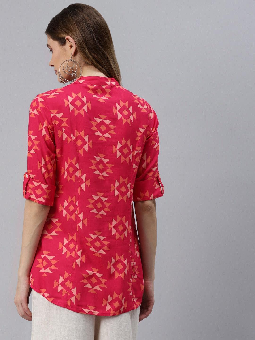 Women's Pink Geometric Print Rayon Shirt Style Top