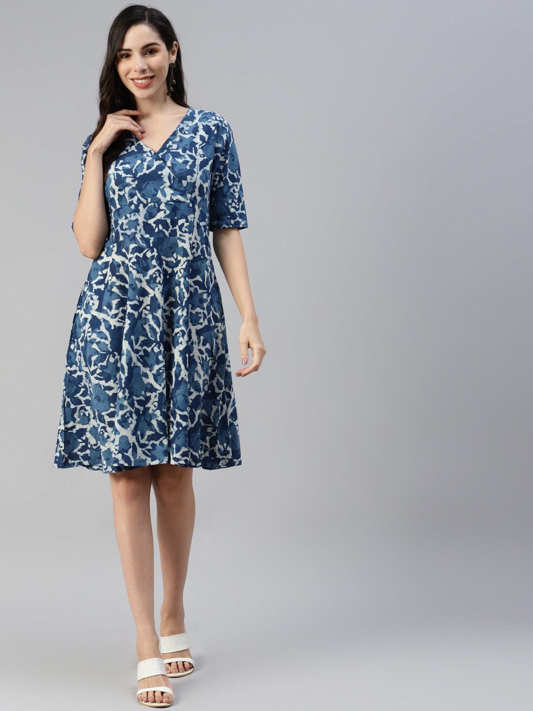 Women's Indigo Hand Block Printed Short Dress
