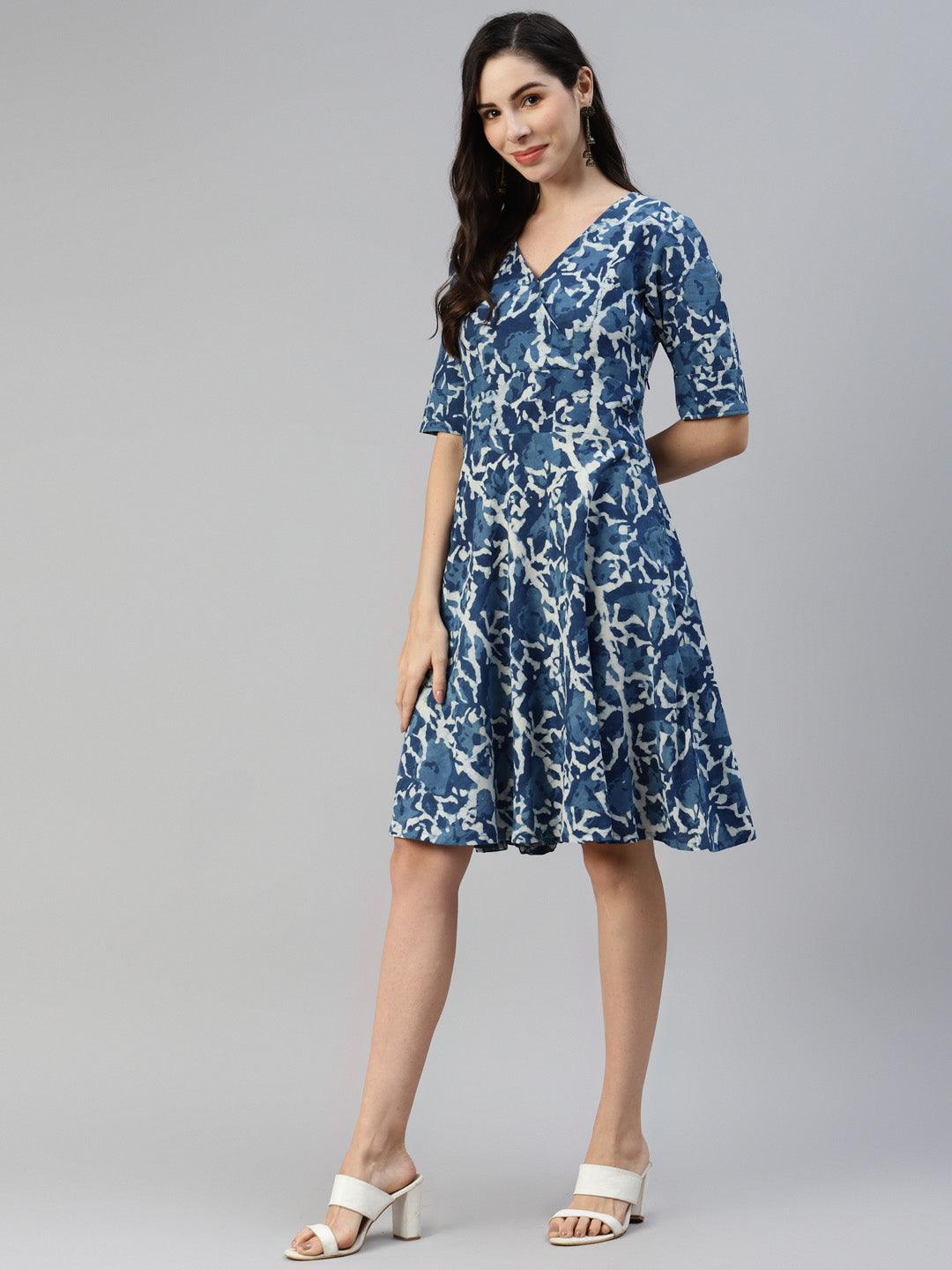 Women's Indigo Hand Block Printed Short Dress