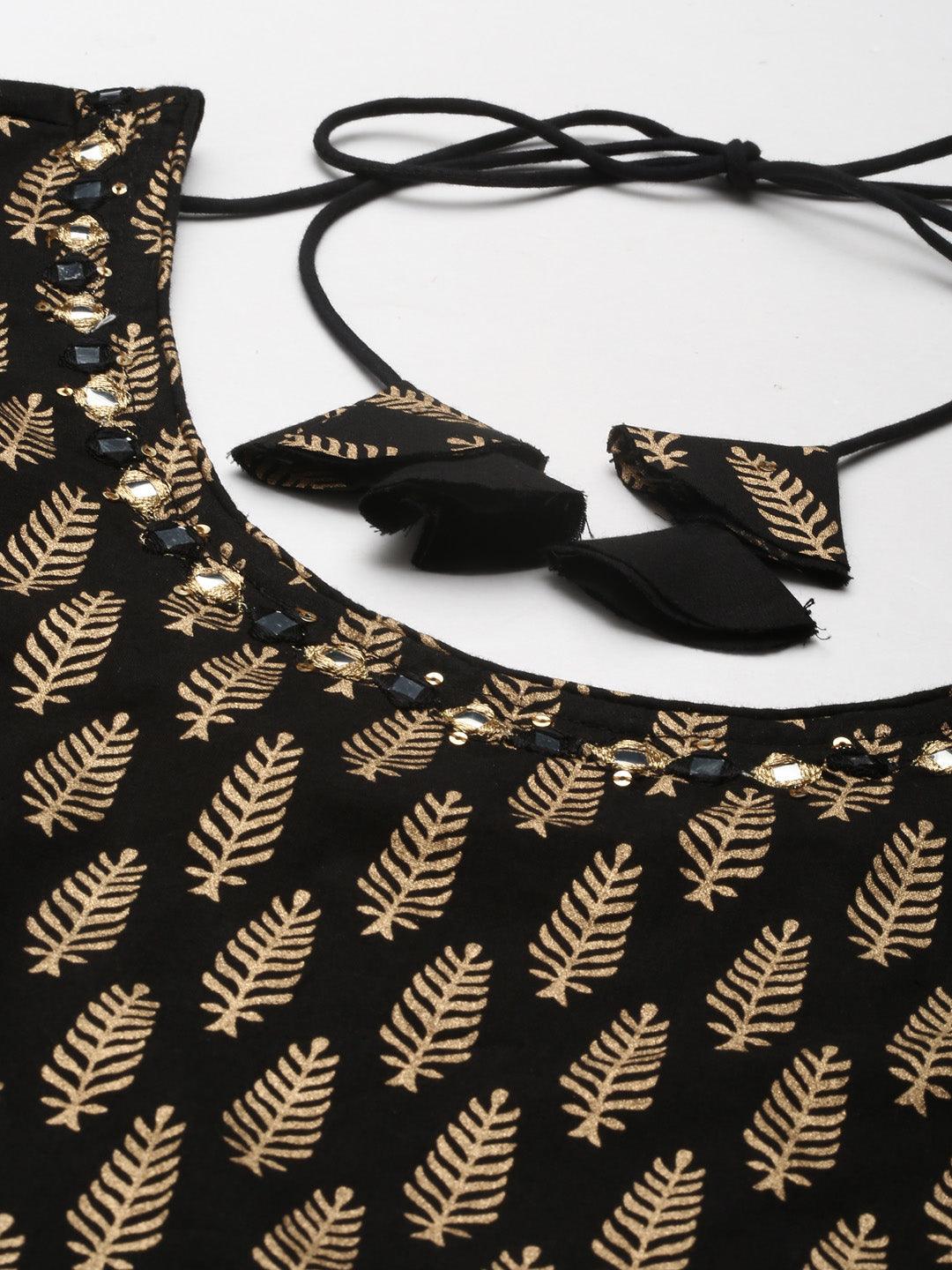 Women's Black Gold Printed Cotton Kurta Sharara Set with Dupatta