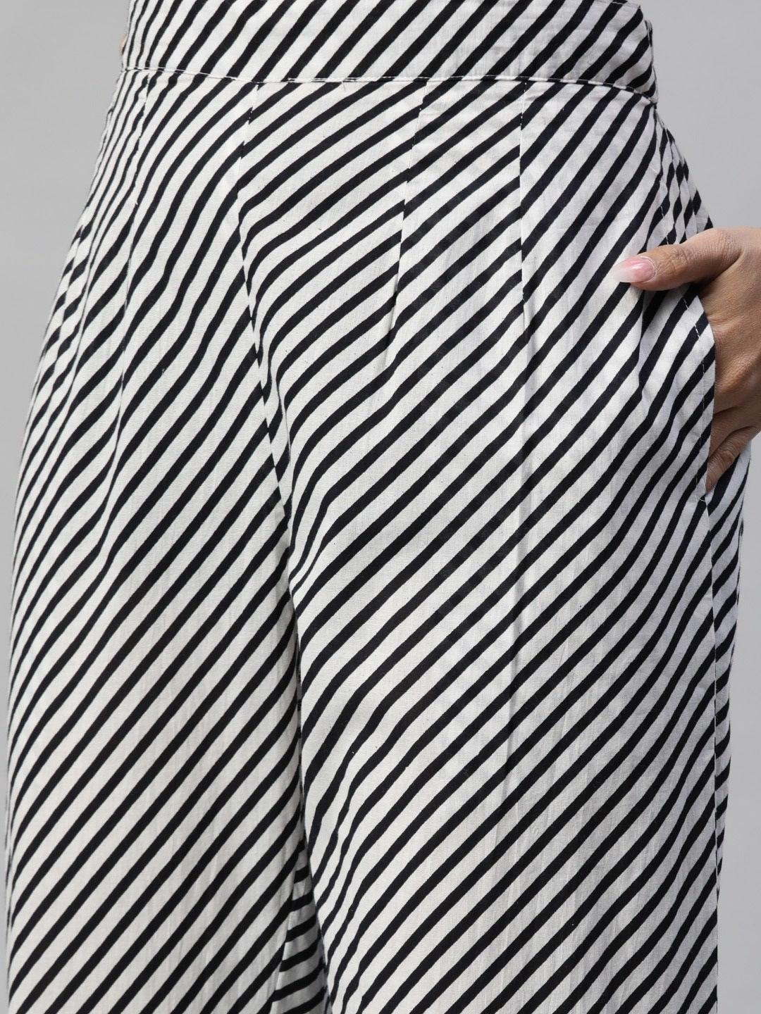 Women's Black and White Cotton Kurta Pant Set With Dupatta