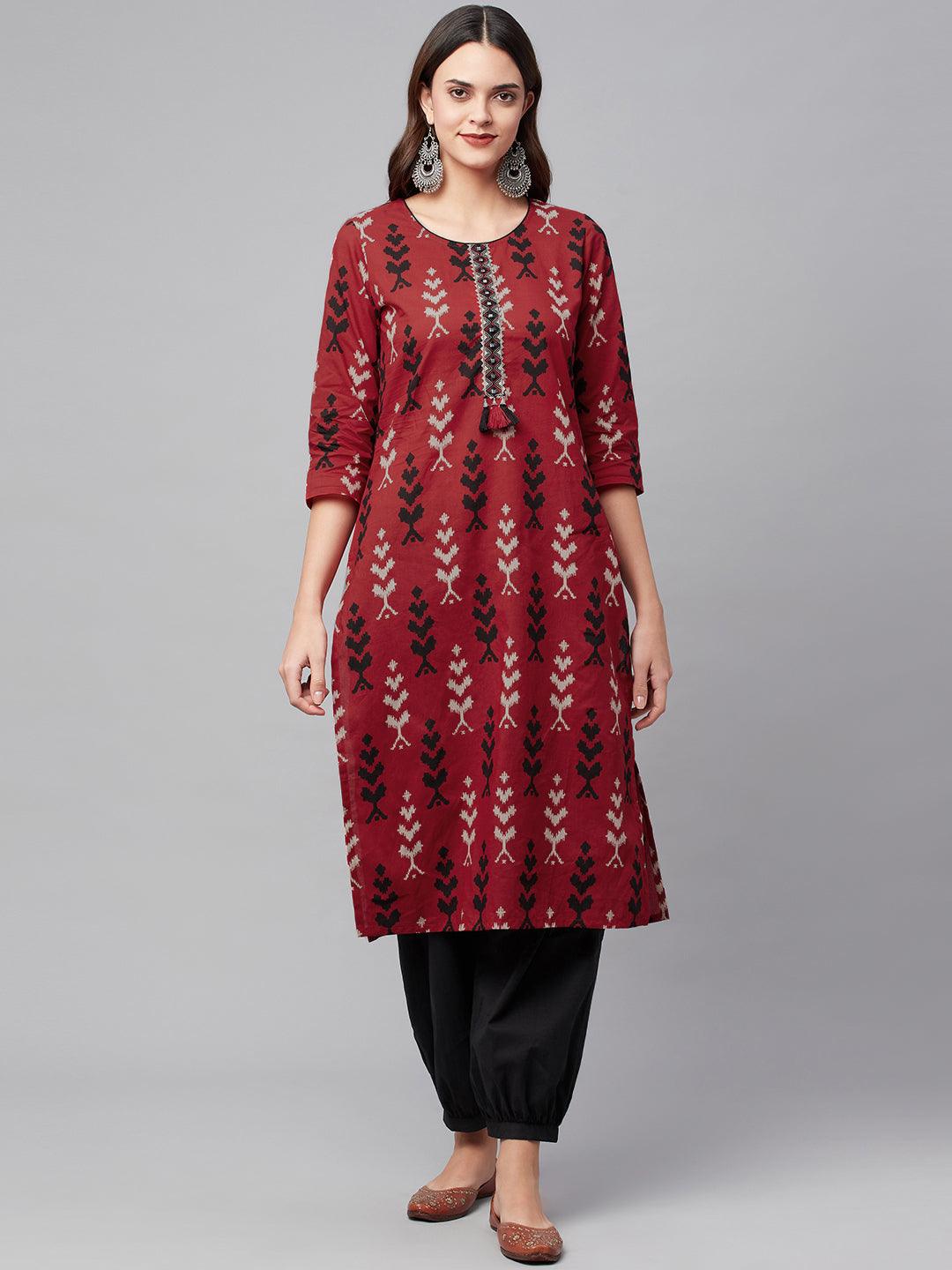 Women's Maroon Cotton Straight Kurta Hem Cuffed Pant set