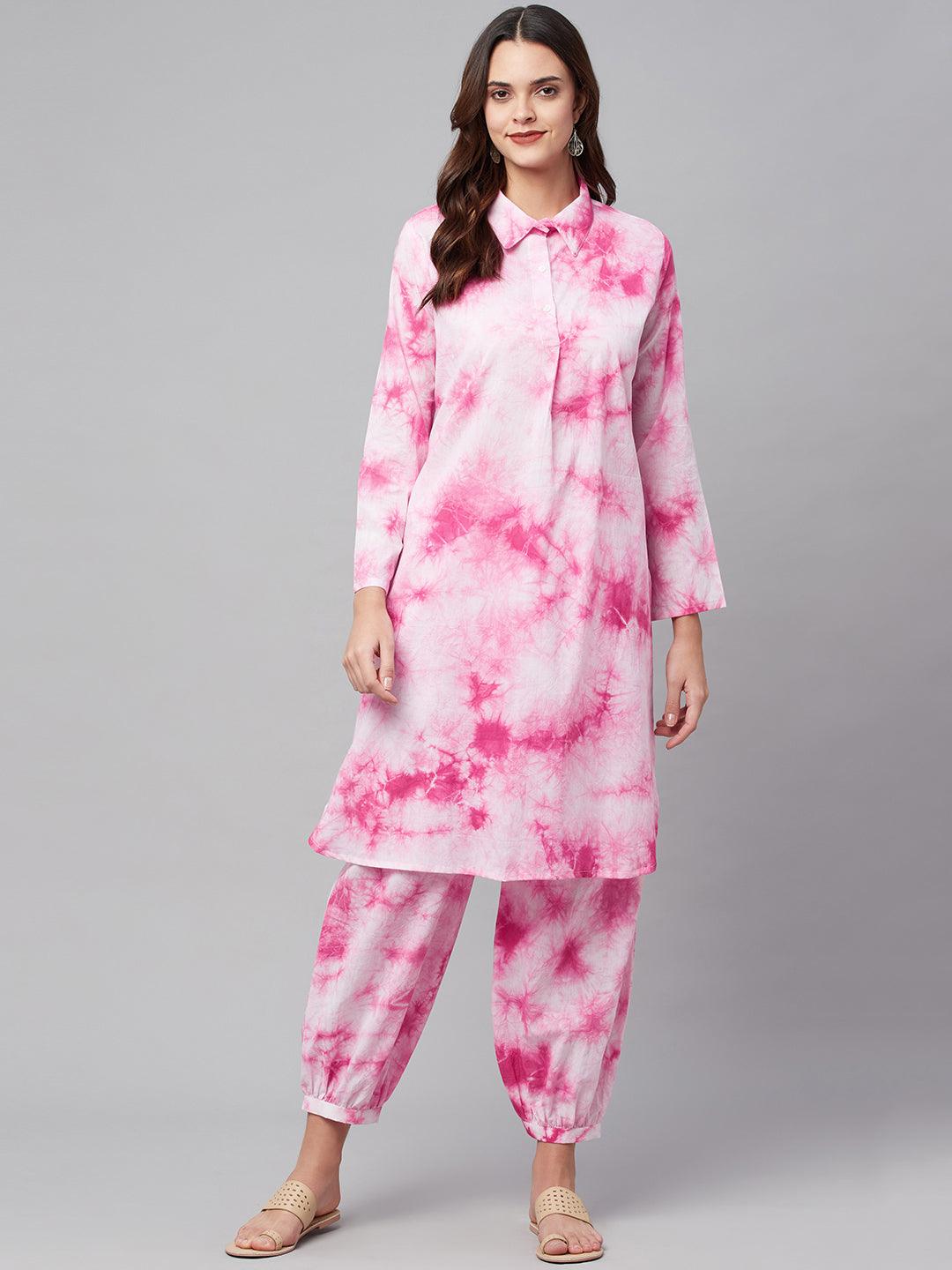 Women's Pink Cotton Shirt Style Kurta Hem Cuffed Pant Set
