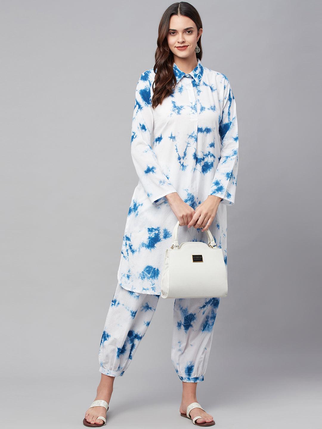 Women's Blue Cotton Shirt Style Co-ord Set