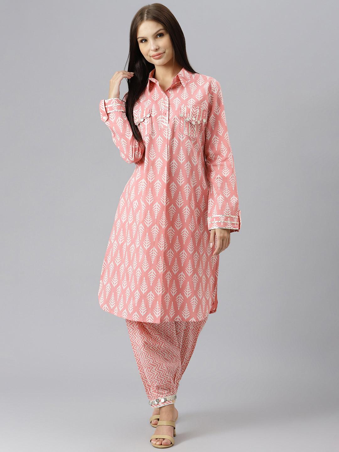 Women's Pink Cotton Shirt Style Kurta Hem Cuffed Pant Co-ord Set
