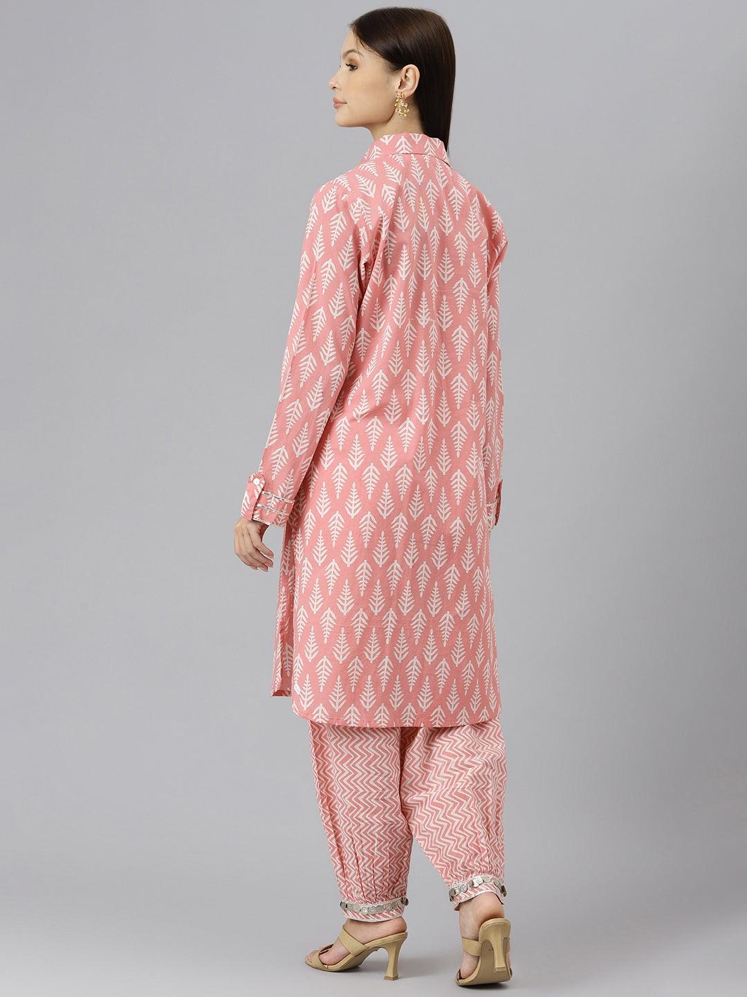 Women's Pink Cotton Shirt Style Kurta Hem Cuffed Pant Co-ord Set