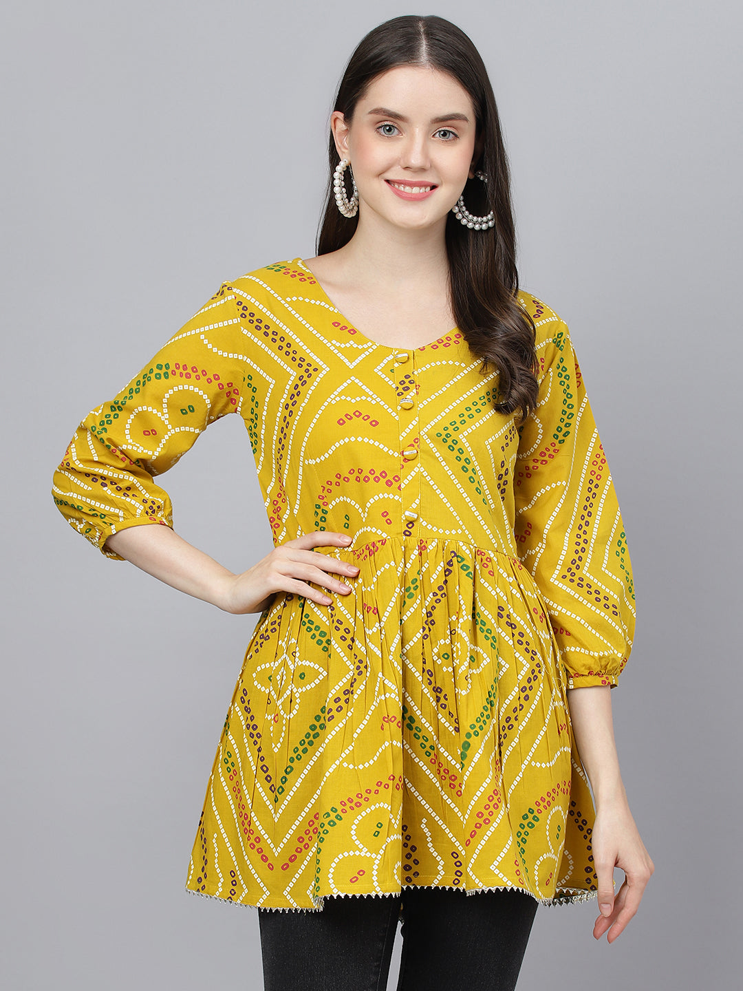 Women's Mustard Bandhani Printed Cotton Peplum Top