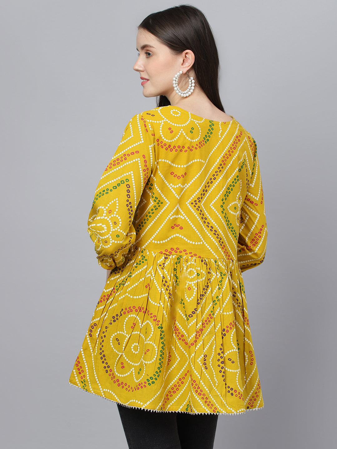 Women's Mustard Bandhani Printed Cotton Peplum Top