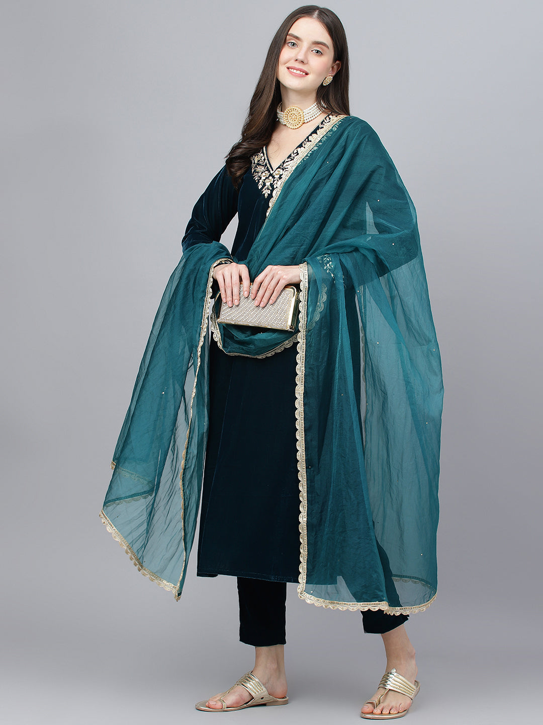Women's Teal Green Velvet hand work Kurta pant With Organza Dupatta set