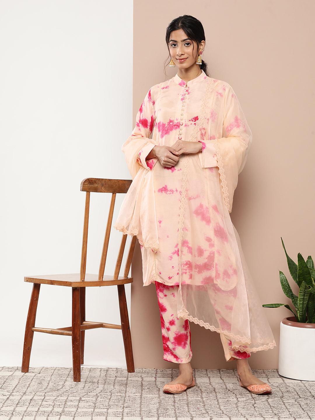 Women's Muslin Tie and dye Printed Kurta Pant Set with Organza Dupatta