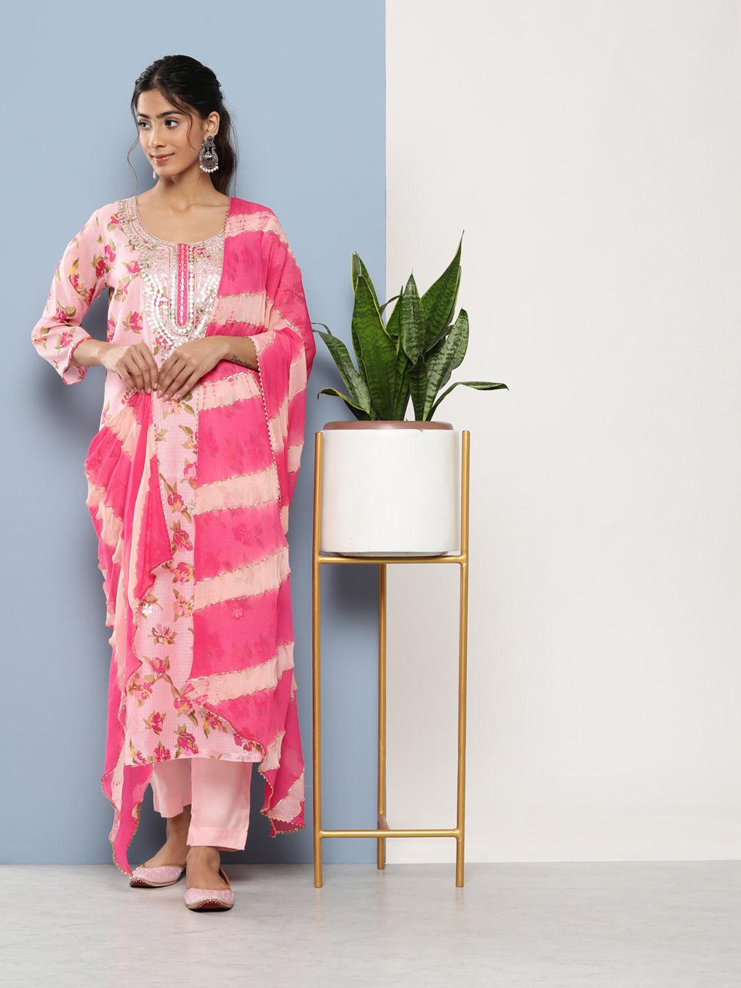 Women's Pink Kota Doria Floral Printed Kurta Pant Dupatta Sets