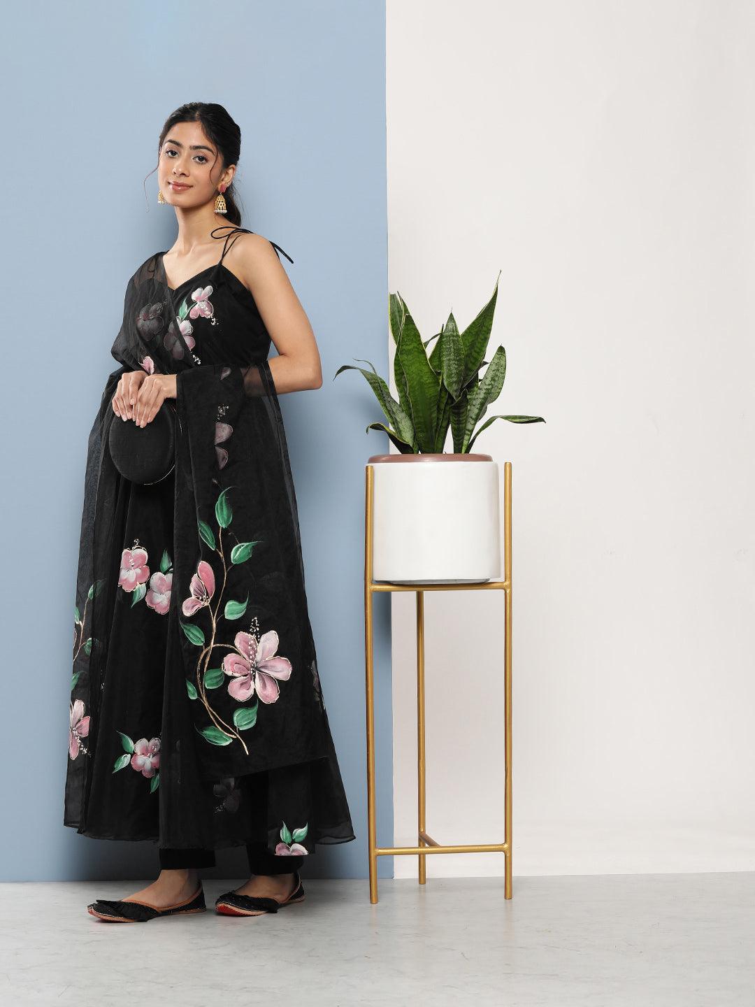 Women's Black Hand Painted Floral Organza Anarkali Kurta Pant Set with Dupatta
