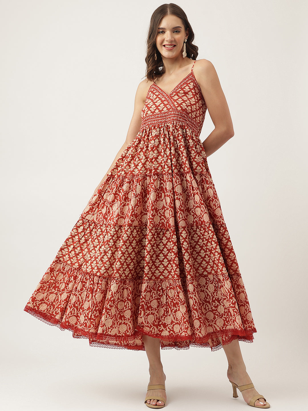 Women's Maroon Floral printed Cotton Tiered Dress